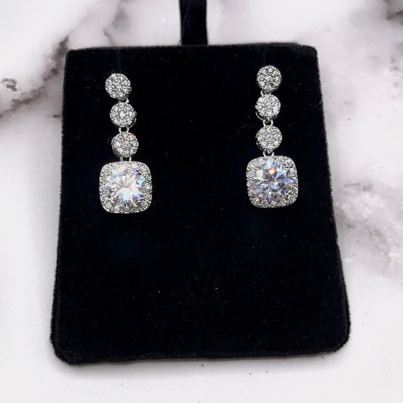Circle & Square Diamond CZ Drop Dangle Earrings 169 - Picture 5 of 5